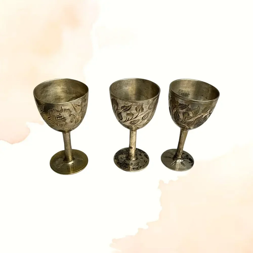 Vintage India Silver Plated Brass Cordial Goblets Set 6 Floral Boho Barware